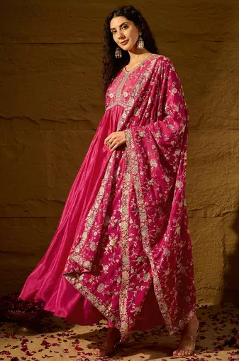 Pink chinon stitched gown with embroidered dupatta full sleeve embroidered