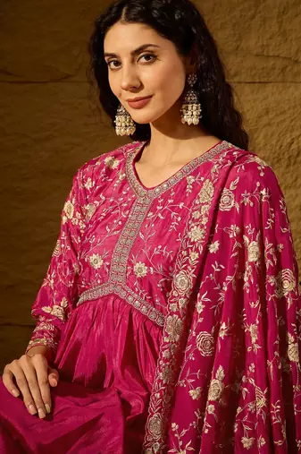 Pink chinon stitched gown with embroidered dupatta full sleeve embroidered