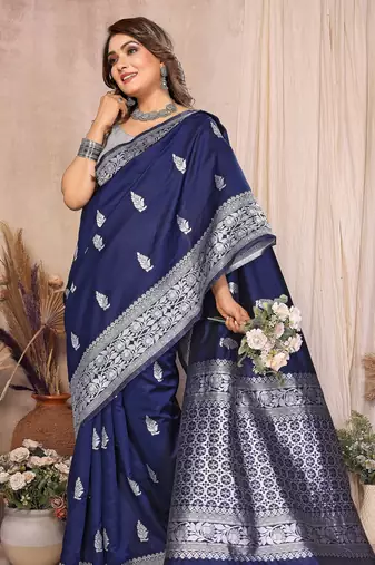 navy blue banarasi silk jacquard saree for women