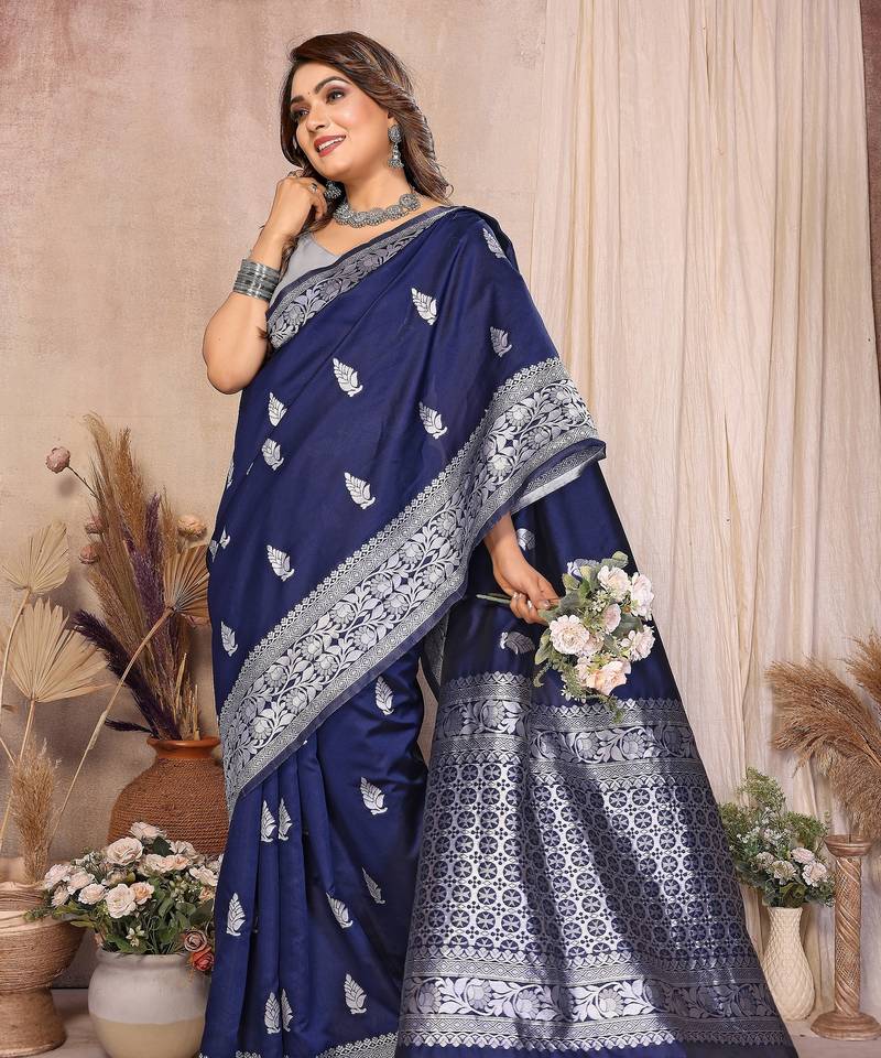 navy blue banarasi silk jacquard saree for women