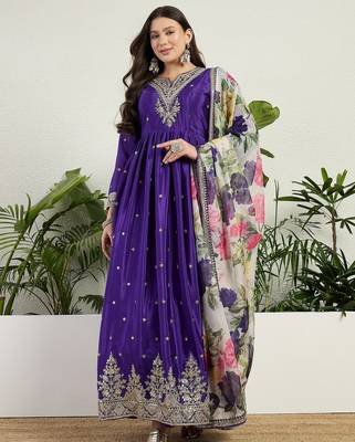 Purple chinon stitched gown with embroidery with digital print dupatta full sleeve embroidered 1