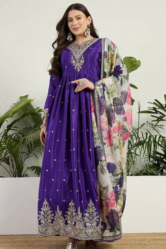 Purple chinon stitched gown with embroidery with digital print dupatta full sleeve embroidered