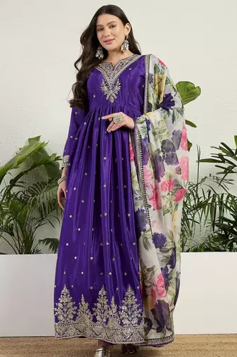 Purple chinon stitched gown with embroidery with digital print dupatta full sleeve embroidered