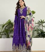 Purple chinon stitched gown with embroidery with digital print dupatta full sleeve embroidered