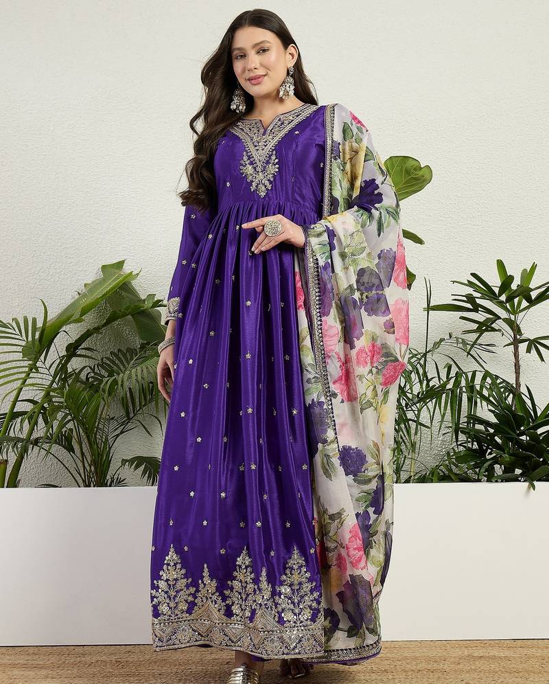 Purple chinon stitched gown with embroidery with digital print dupatta full sleeve embroidered