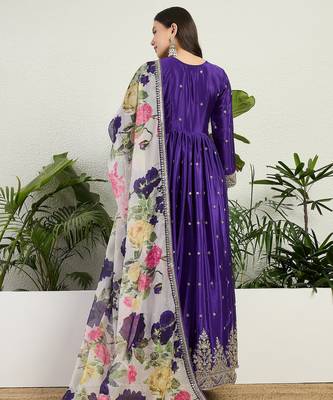 Purple chinon stitched gown with embroidery with digital print dupatta full sleeve embroidered 2