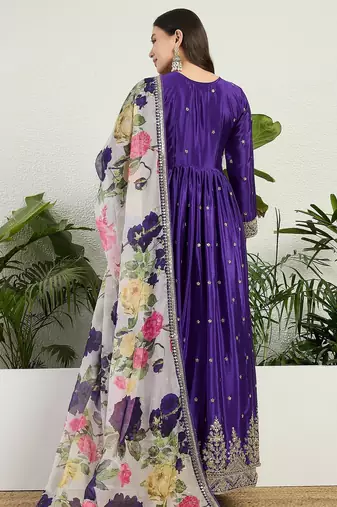 Purple chinon stitched gown with embroidery with digital print dupatta full sleeve embroidered