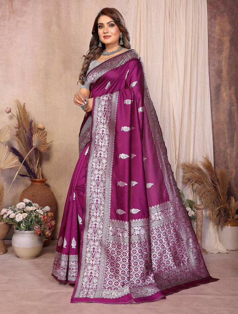 purple banarasi silk jacquard saree for women