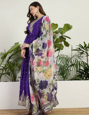 Purple chinon stitched gown with embroidery with digital print dupatta full sleeve embroidered 3