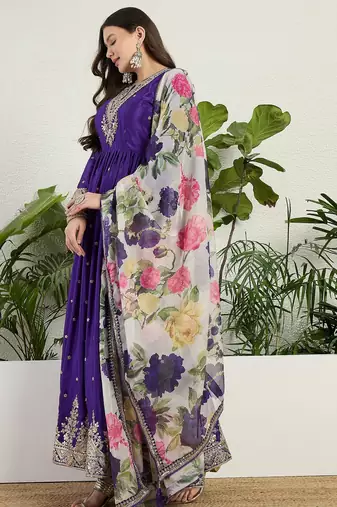 Purple chinon stitched gown with embroidery with digital print dupatta full sleeve embroidered