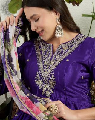 Purple chinon stitched gown with embroidery with digital print dupatta full sleeve embroidered 4