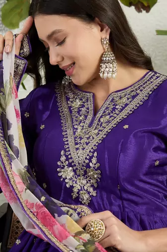 Purple chinon stitched gown with embroidery with digital print dupatta full sleeve embroidered