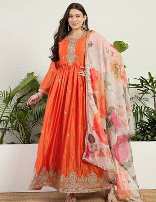 Orange chinon stitched gown with embroidery with digital print dupatta full sleeve embroidered 1