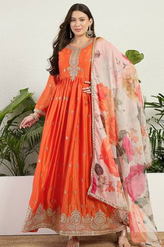 Orange chinon stitched gown with embroidery with digital print dupatta full sleeve embroidered