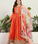 Orange chinon stitched gown with embroidery with digital print dupatta full sleeve embroidered