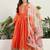 Orange chinon stitched gown with embroidery with digital print dupatta full sleeve embroidered