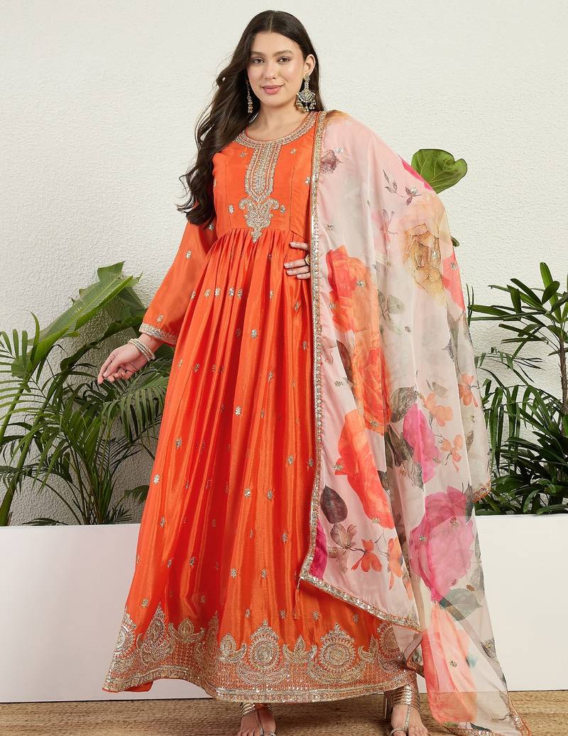 Orange chinon stitched gown with embroidery with digital print dupatta full sleeve embroidered