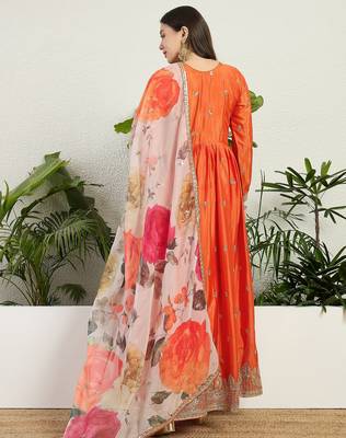 Orange chinon stitched gown with embroidery with digital print dupatta full sleeve embroidered 2