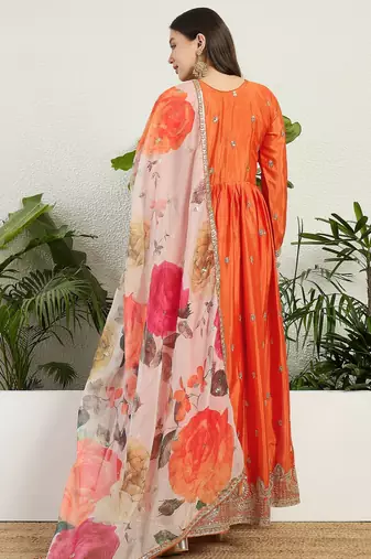 Orange chinon stitched gown with embroidery with digital print dupatta full sleeve embroidered