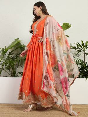 Orange chinon stitched gown with embroidery with digital print dupatta full sleeve embroidered 3