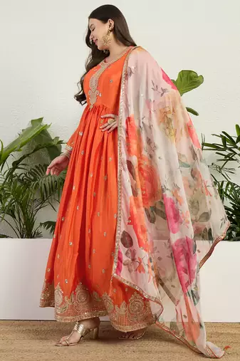 Orange chinon stitched gown with embroidery with digital print dupatta full sleeve embroidered
