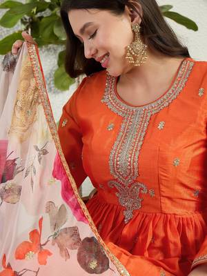 Orange chinon stitched gown with embroidery with digital print dupatta full sleeve embroidered 4