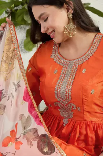 Orange chinon stitched gown with embroidery with digital print dupatta full sleeve embroidered