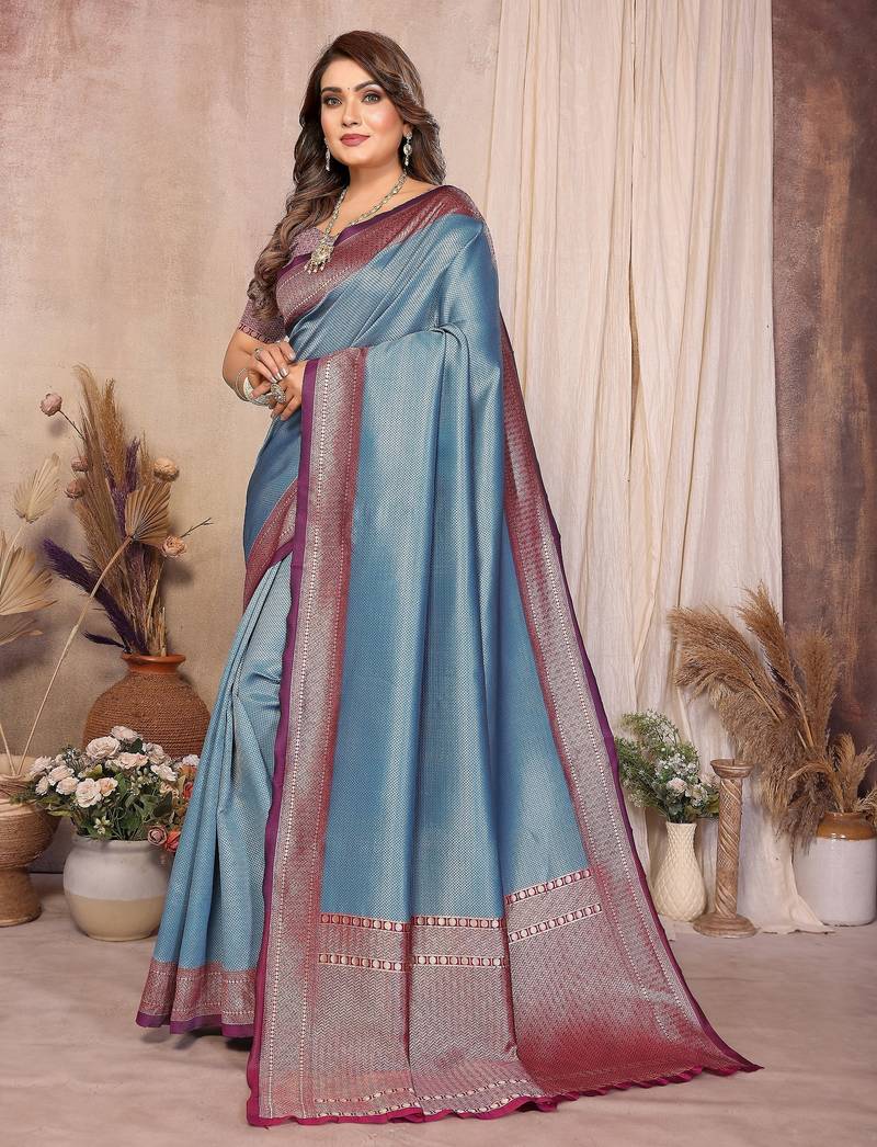 blue banarasi silk jacquard saree for women