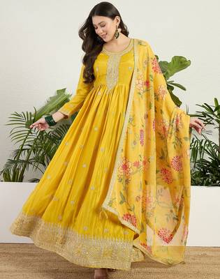 Yellow chinon stitched gown with embroidery with digital print dupatta full sleeve embroidered 1