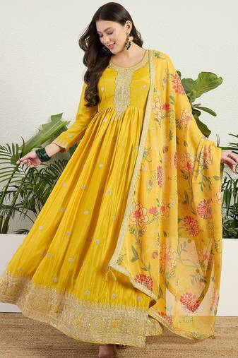 Yellow chinon stitched gown with embroidery with digital print dupatta full sleeve embroidered