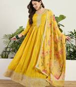 Yellow chinon stitched gown with embroidery with digital print dupatta full sleeve embroidered