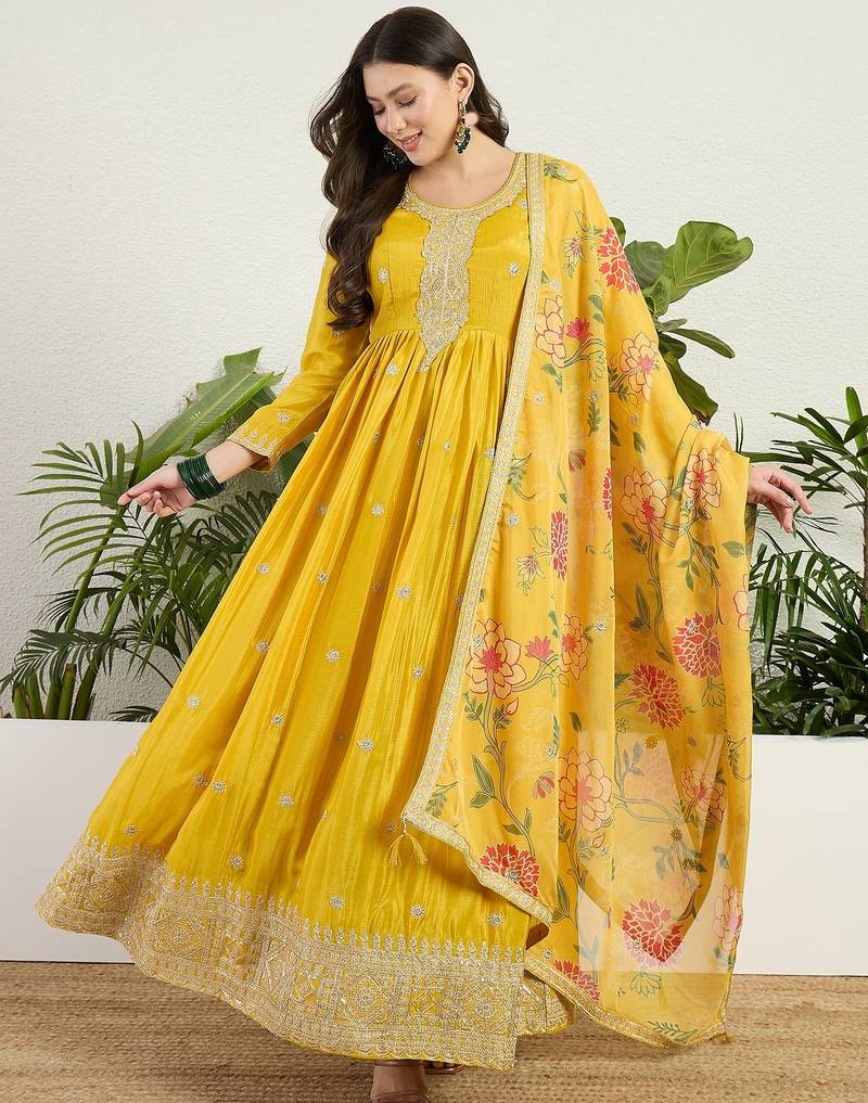 Yellow chinon stitched gown with embroidery with digital print dupatta full sleeve embroidered