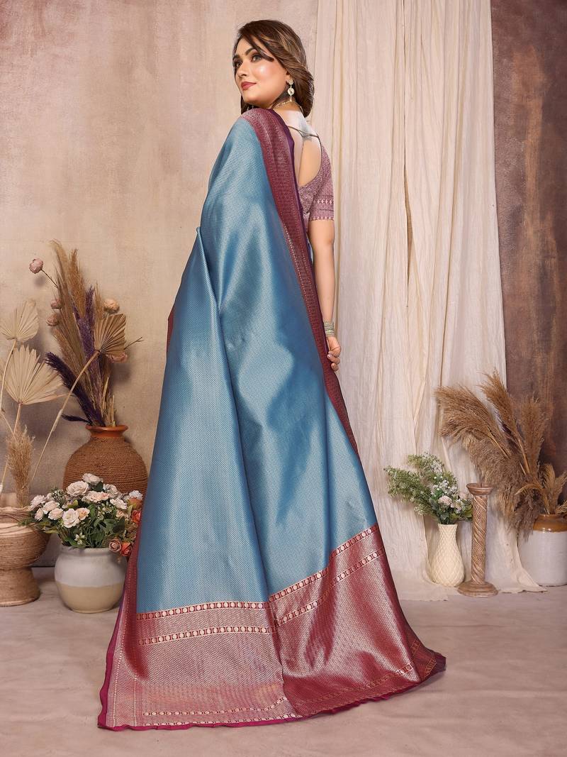 blue banarasi silk jacquard saree for women