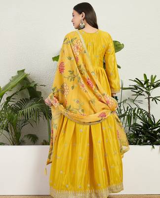 Yellow chinon stitched gown with embroidery with digital print dupatta full sleeve embroidered 2