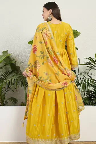 Yellow chinon stitched gown with embroidery with digital print dupatta full sleeve embroidered