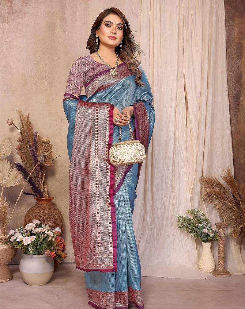 blue banarasi silk jacquard saree for women
