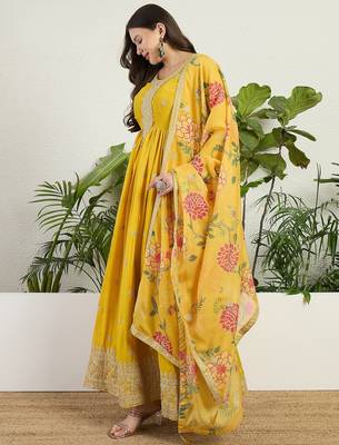 Yellow chinon stitched gown with embroidery with digital print dupatta full sleeve embroidered 3