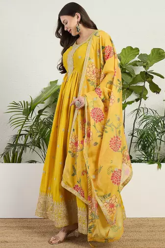 Yellow chinon stitched gown with embroidery with digital print dupatta full sleeve embroidered