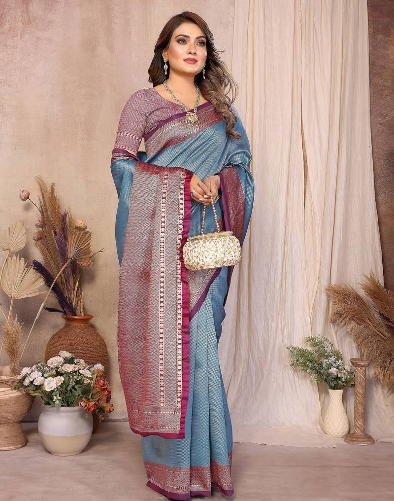 blue banarasi silk jacquard saree for women