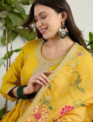Yellow chinon stitched gown with embroidery with digital print dupatta full sleeve embroidered 4