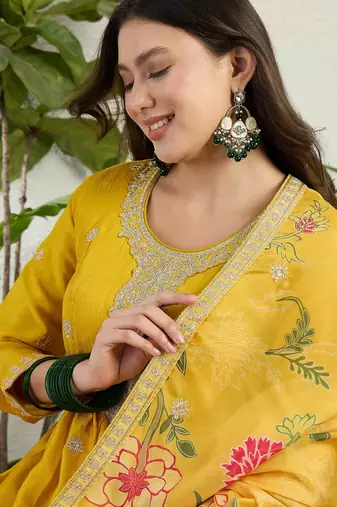 Yellow chinon stitched gown with embroidery with digital print dupatta full sleeve embroidered