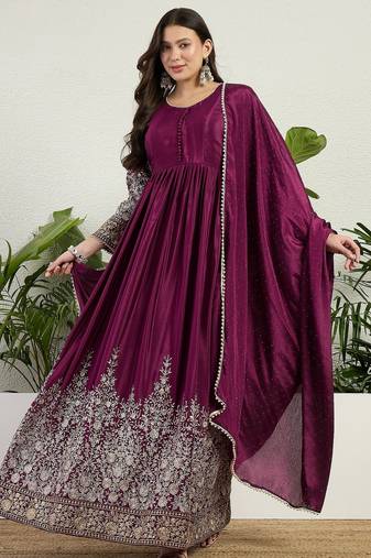 Purple chinon stitched gown with embellished dupatta full sleeve embroidered