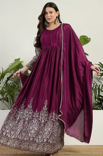 Purple chinon stitched gown with embellished dupatta full sleeve embroidered