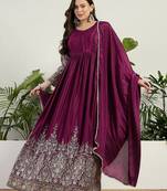 Purple chinon stitched gown with embellished dupatta full sleeve embroidered