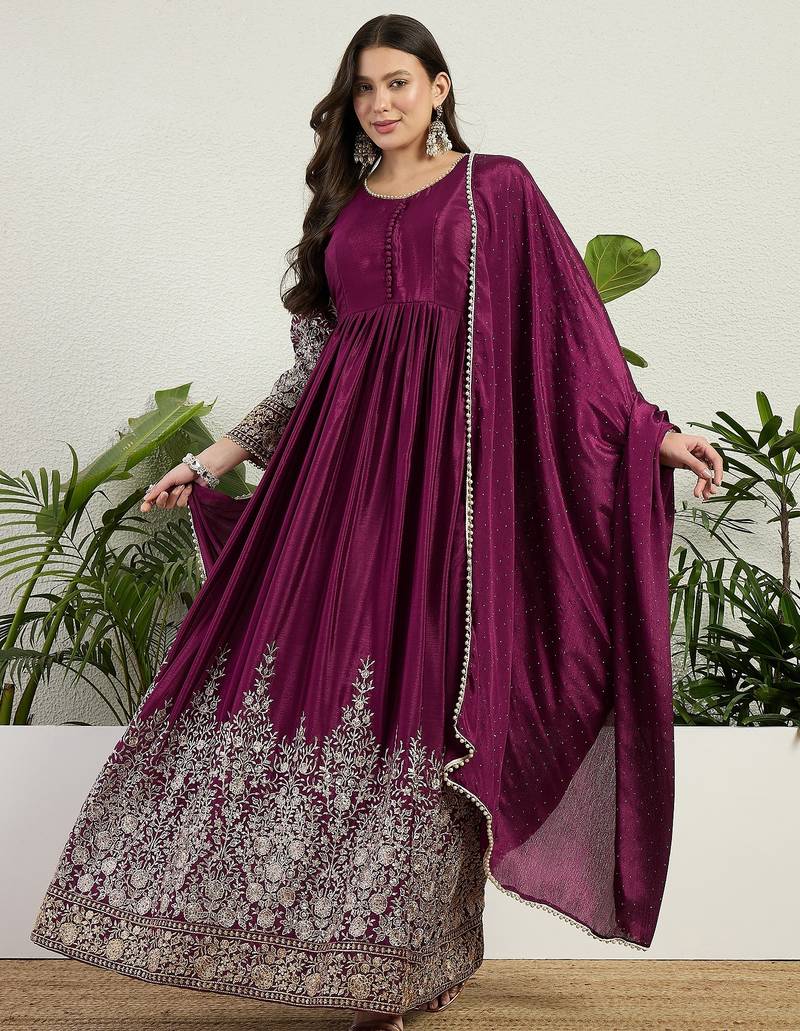 Purple chinon stitched gown with embellished dupatta full sleeve embroidered