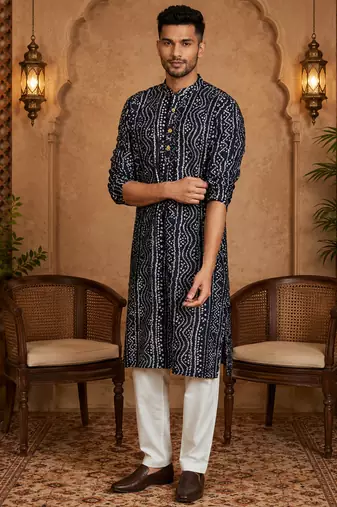 Multi shades men's navt blue rayon kurta full sleeve