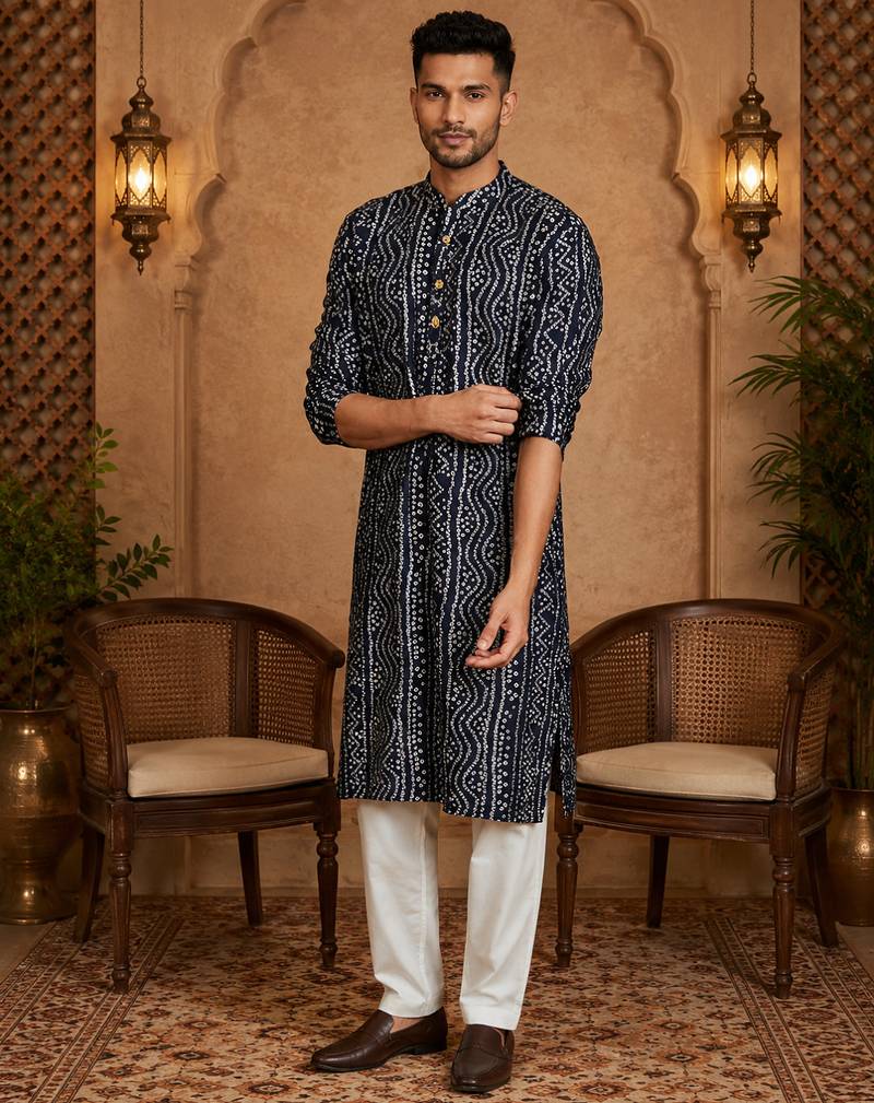 Multi shades men's navt blue rayon kurta full sleeve
