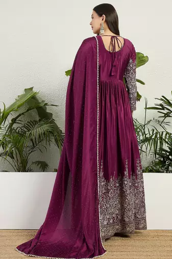 Purple chinon stitched gown with embellished dupatta full sleeve embroidered