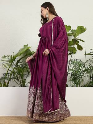 Purple chinon stitched gown with embellished dupatta full sleeve embroidered 3