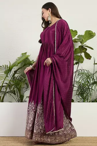 Purple chinon stitched gown with embellished dupatta full sleeve embroidered